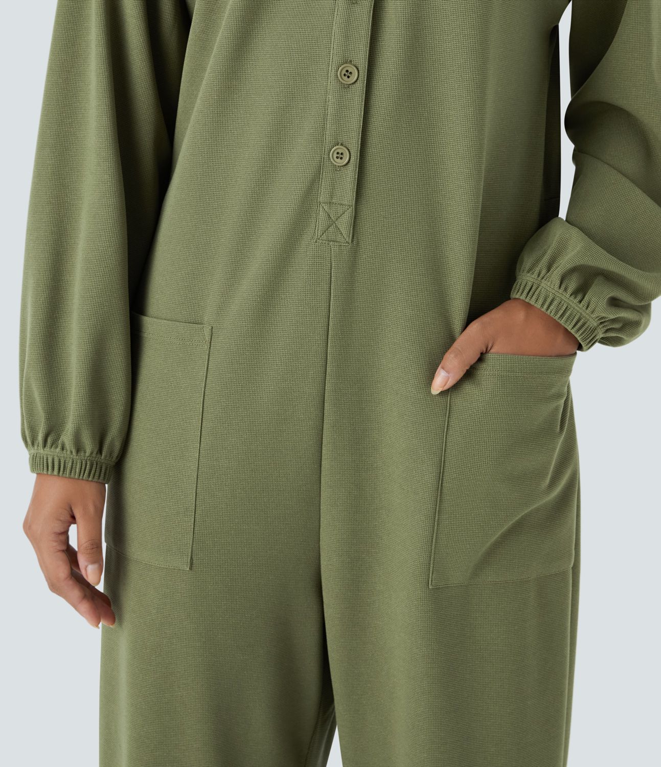 V-neck long-sleeve button-up multi-pocket tapered waffle casual jumpsuit