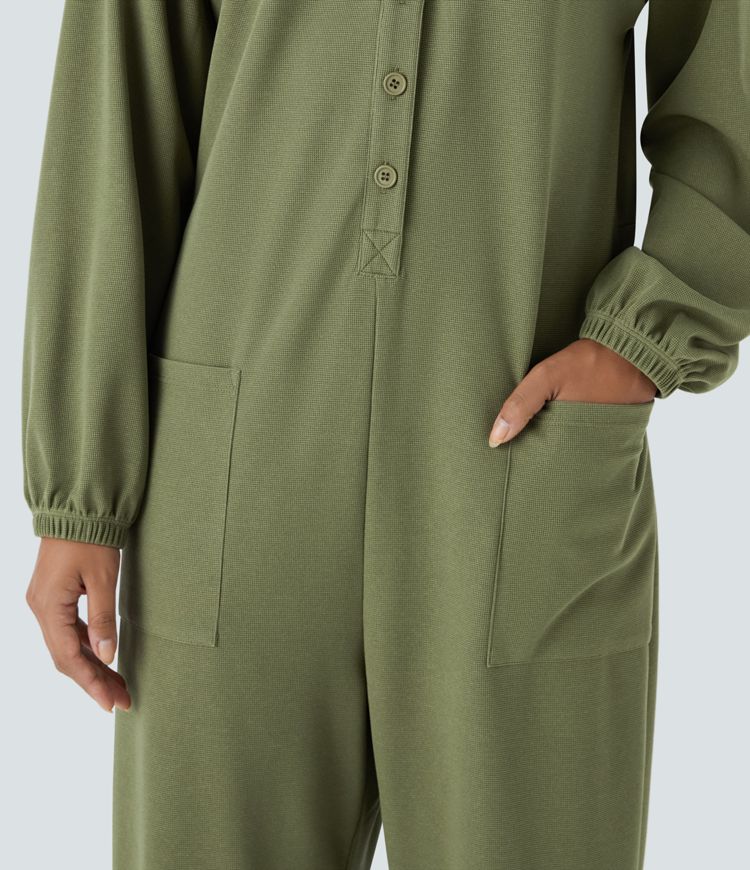 V-neck long-sleeve button-up multi-pocket tapered waffle casual jumpsuit