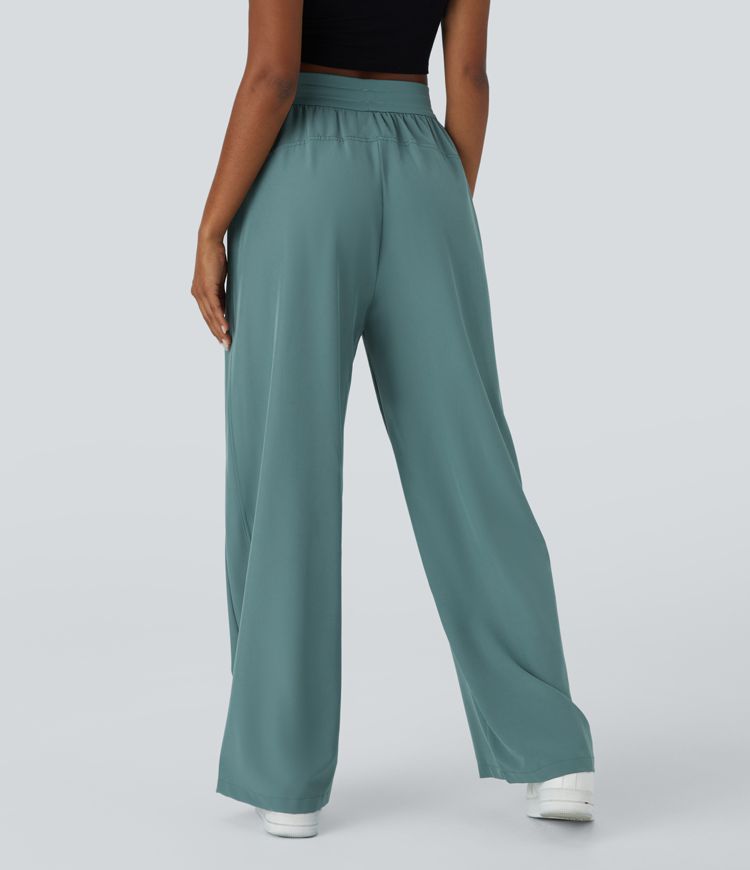High-waist drawstring side pocket wide casual pants