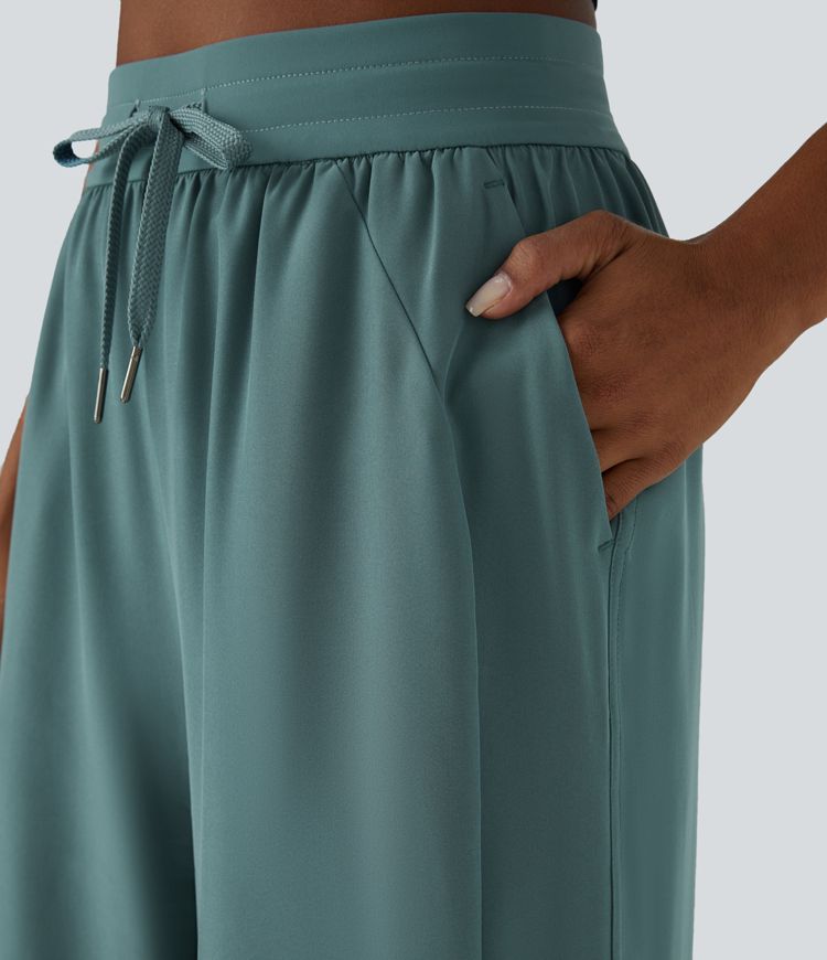 High-waist drawstring side pocket wide casual pants