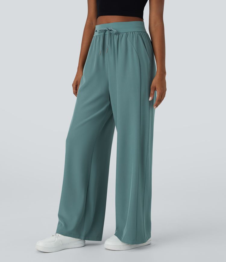 High-waist drawstring side pocket wide casual pants