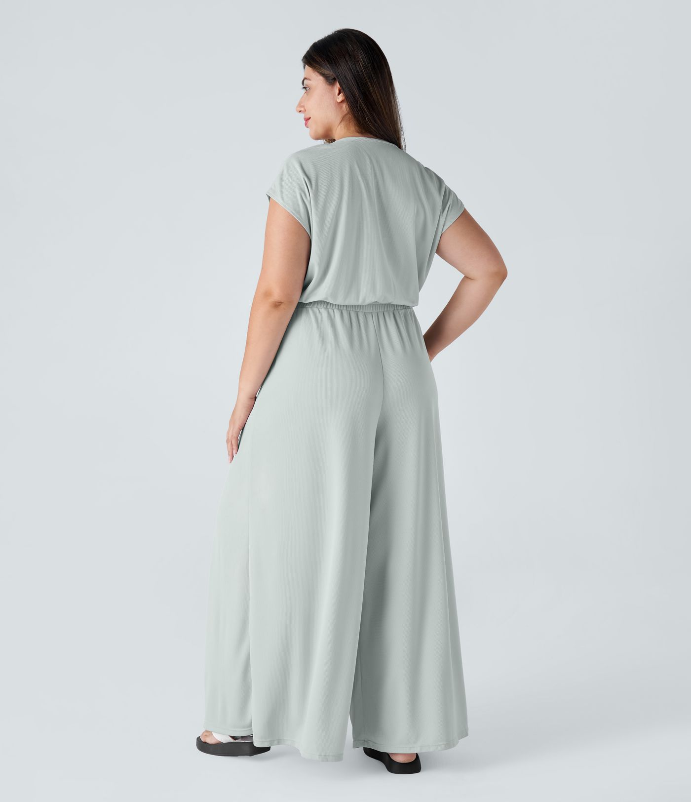 V Neck Short Sleeve Pocket Wide Leg Flowy Waffle Casual Plus Size Jumpsuit