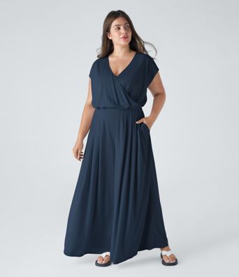 V Neck Short Sleeve Side Pocket Wide Leg Flowy Waffle Casual Plus Size Jumpsuit