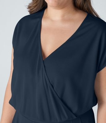 V Neck Short Sleeve Side Pocket Wide Leg Flowy Waffle Casual Plus Size Jumpsuit