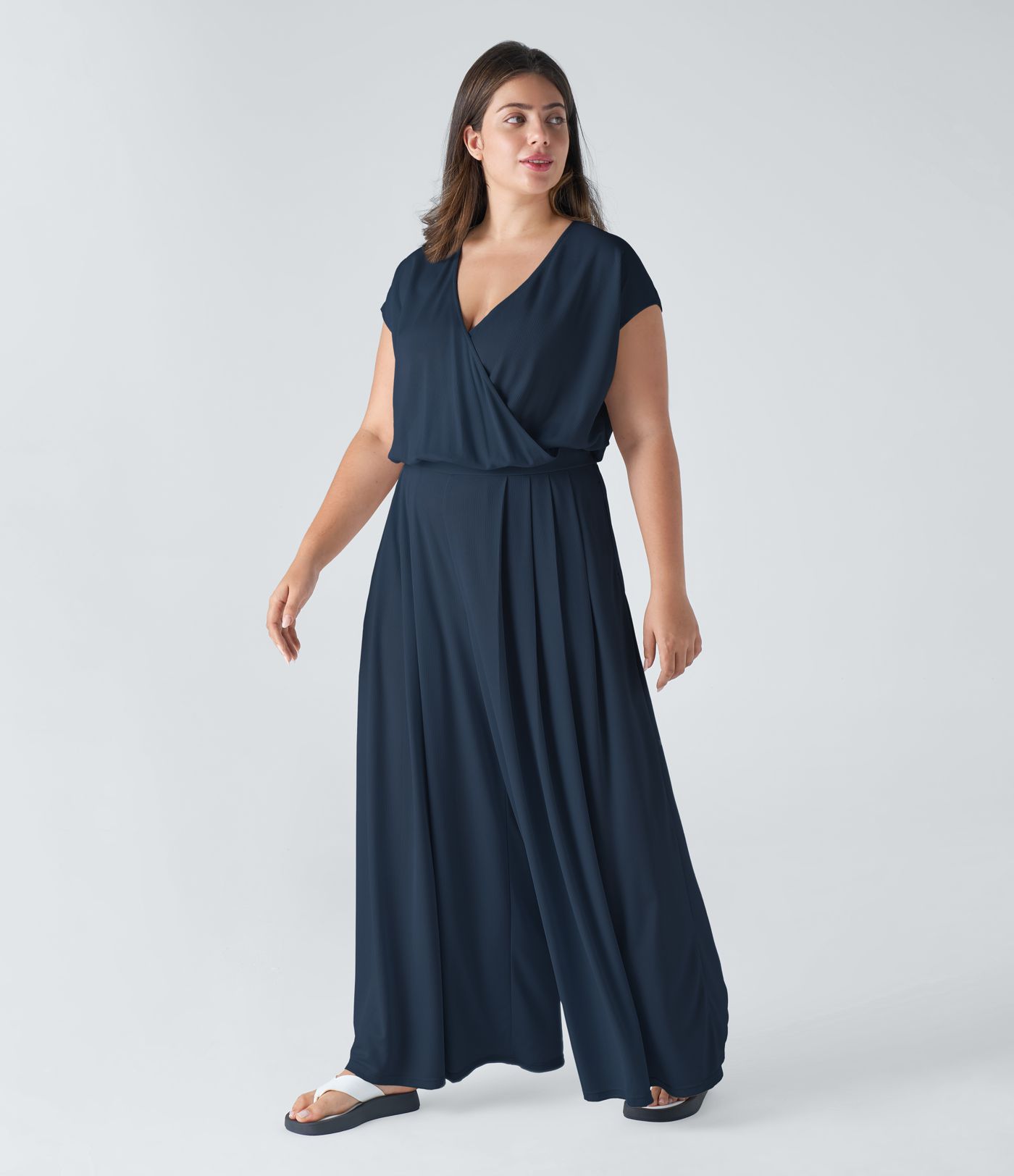 V Neck Short Sleeve Side Pocket Wide Leg Flowy Waffle Casual Plus Size Jumpsuit