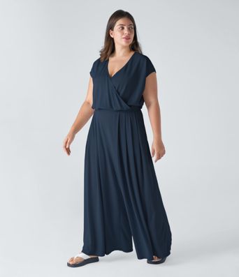 V Neck Short Sleeve Side Pocket Wide Leg Flowy Waffle Casual Plus Size Jumpsuit