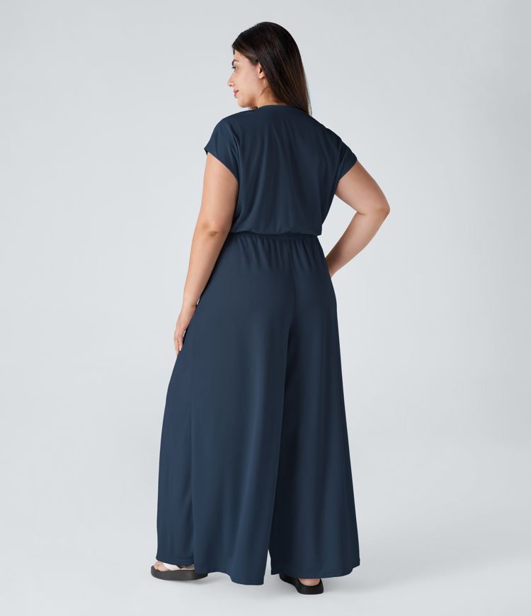 V Neck Short Sleeve Side Pocket Wide Leg Flowy Waffle Casual Plus Size Jumpsuit