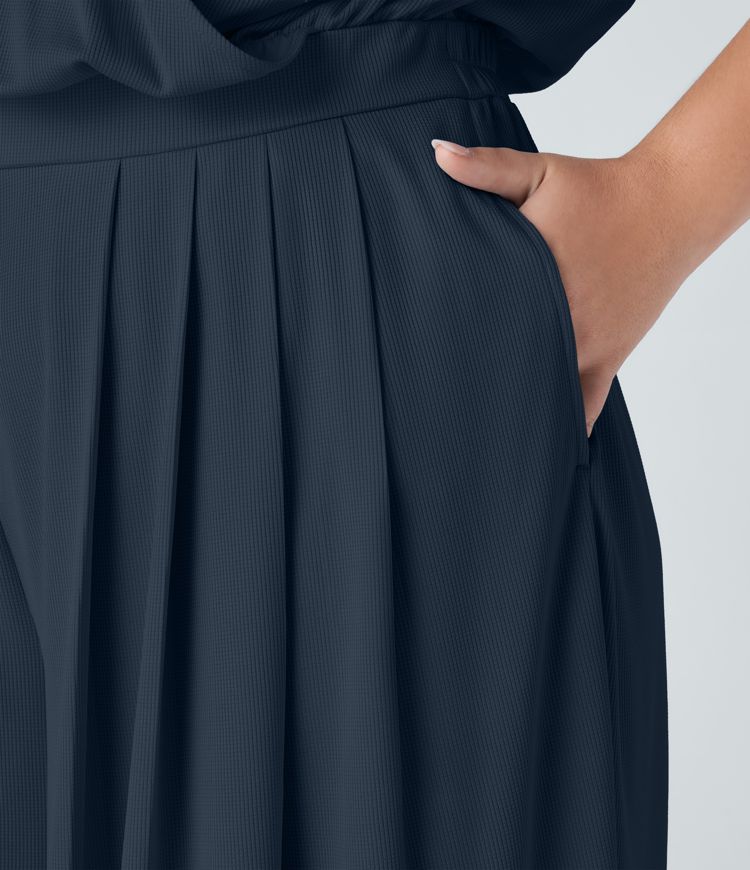 V Neck Short Sleeve Side Pocket Wide Leg Flowy Waffle Casual Plus Size Jumpsuit