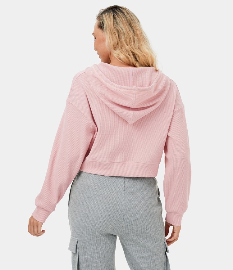 Women’s Hooded Drawstring Half Zip Cropped Waffle Casual Hoodie Sweatshirt HALARA