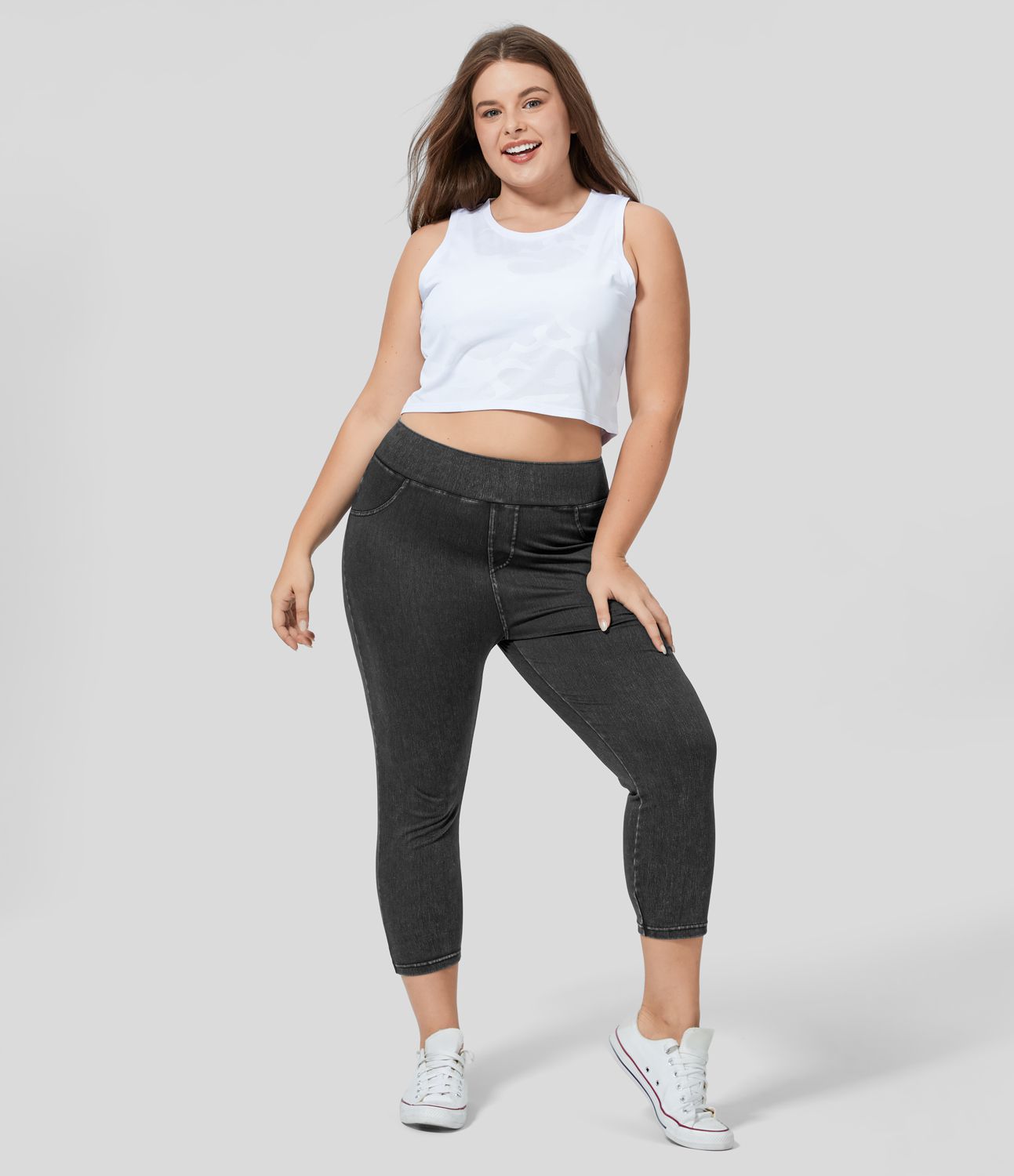 Leggings Capri Halara Flex™ Denim tiro alto bolsillo lateral trasero tejido elástico mezclilla talla grande