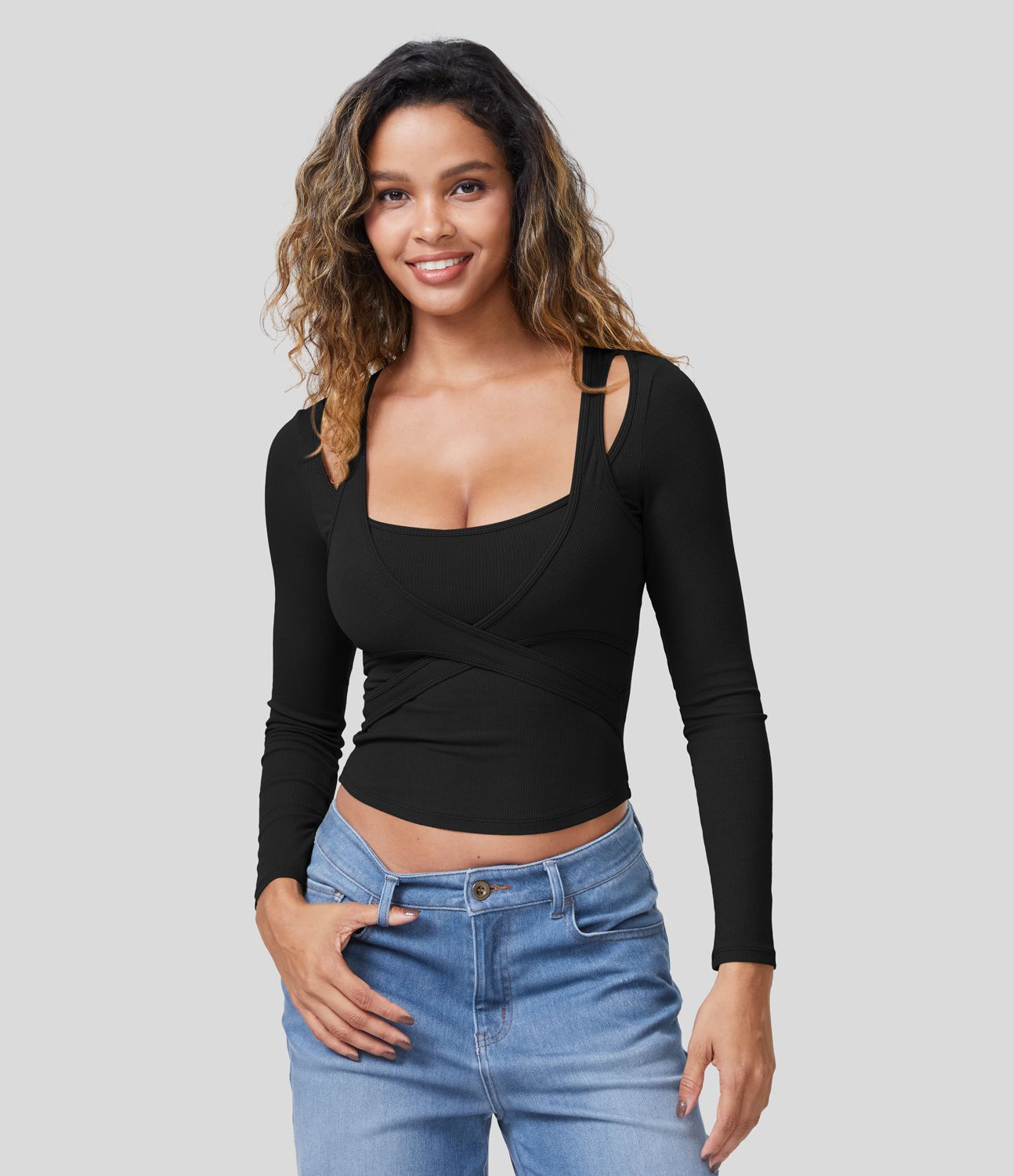 Ribbed knit square neck cut out long sleeve curved hem crop casual sports top