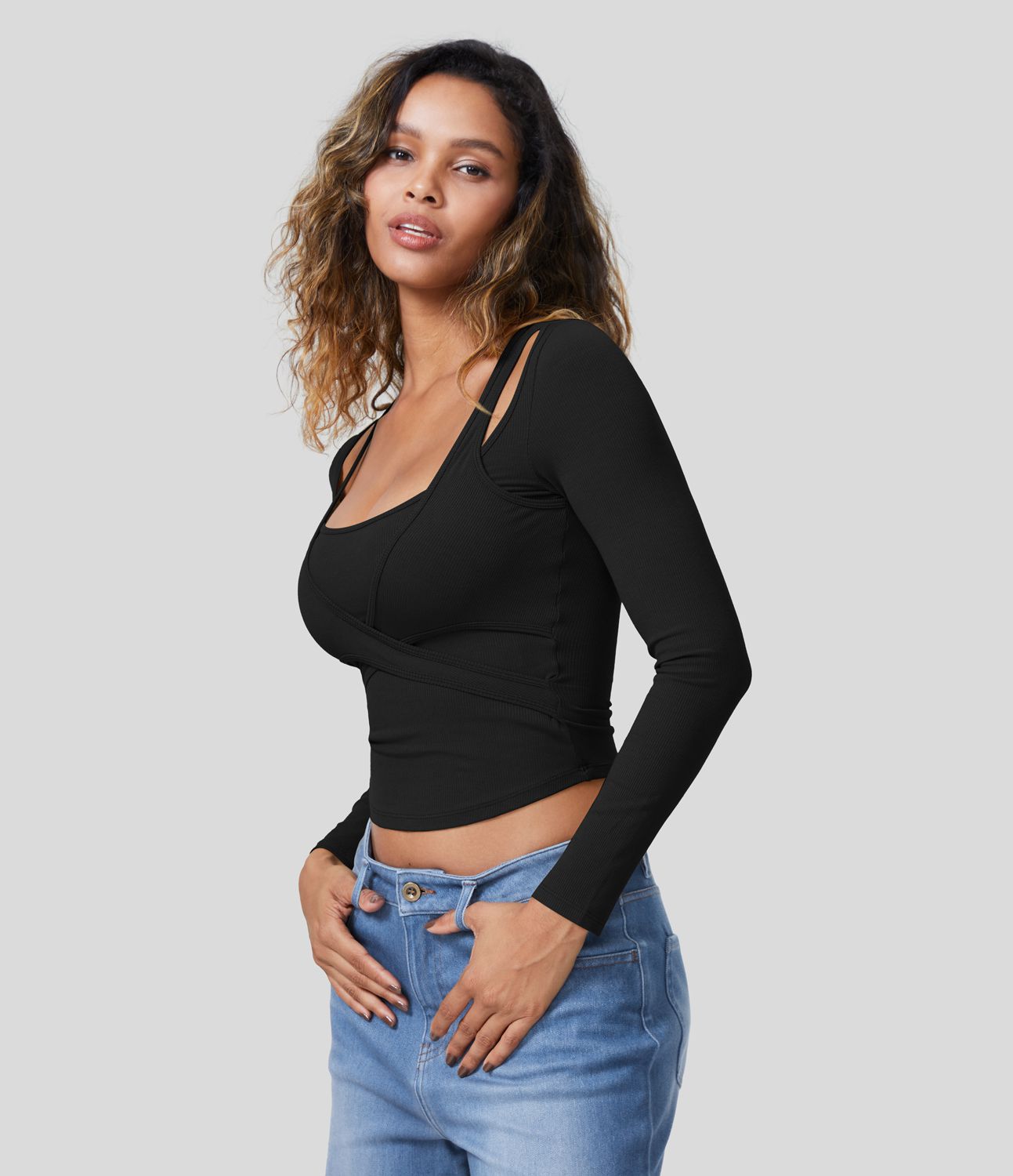 Ribbed knit square neck cut out long sleeve curved hem crop casual sports top