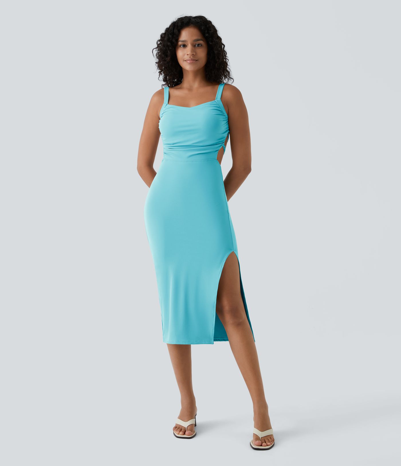 Ruched Lace Up Bodycon Midi Casual Dress