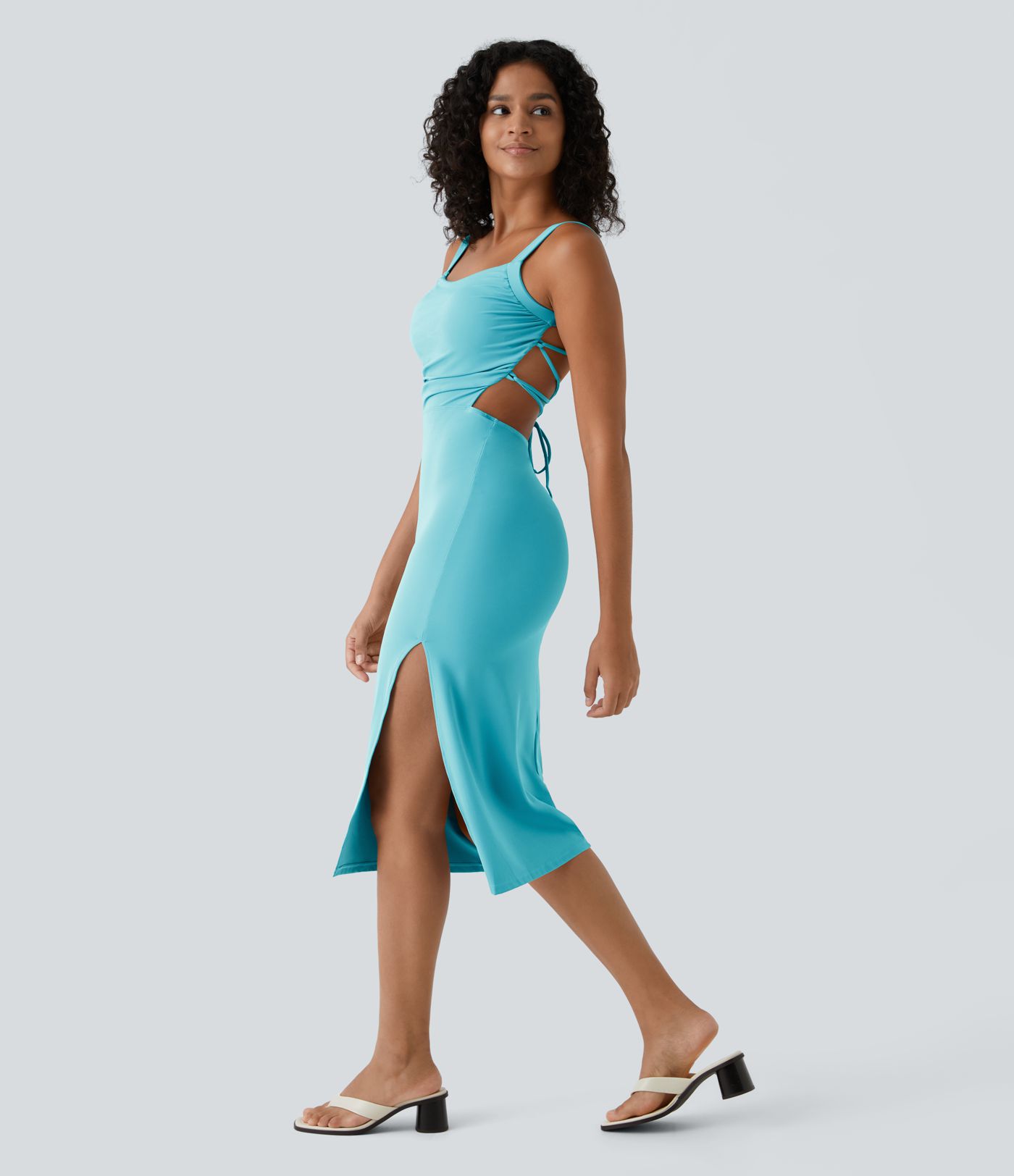 Ruched Lace Up Bodycon Midi Casual Dress