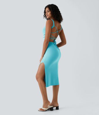 Ruched Lace Up Bodycon Midi Casual Dress