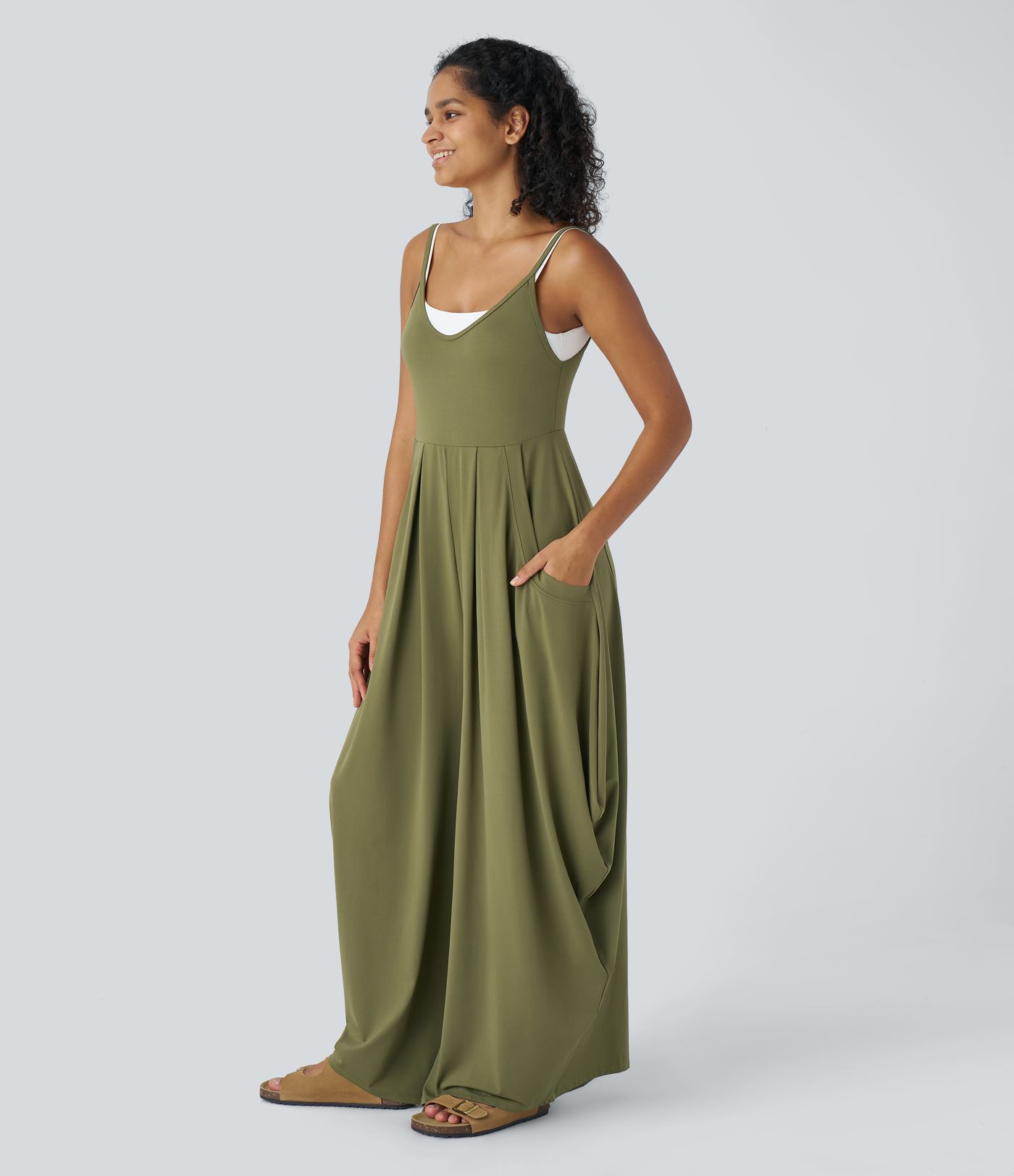 Backless Adjustable Strap Multiple Pockets Draped Wide Leg Casual Jumpsuit