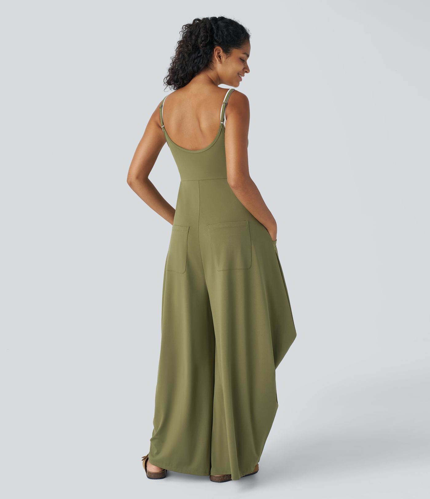 Backless Adjustable Strap Multiple Pockets Draped Wide Leg Casual Jumpsuit