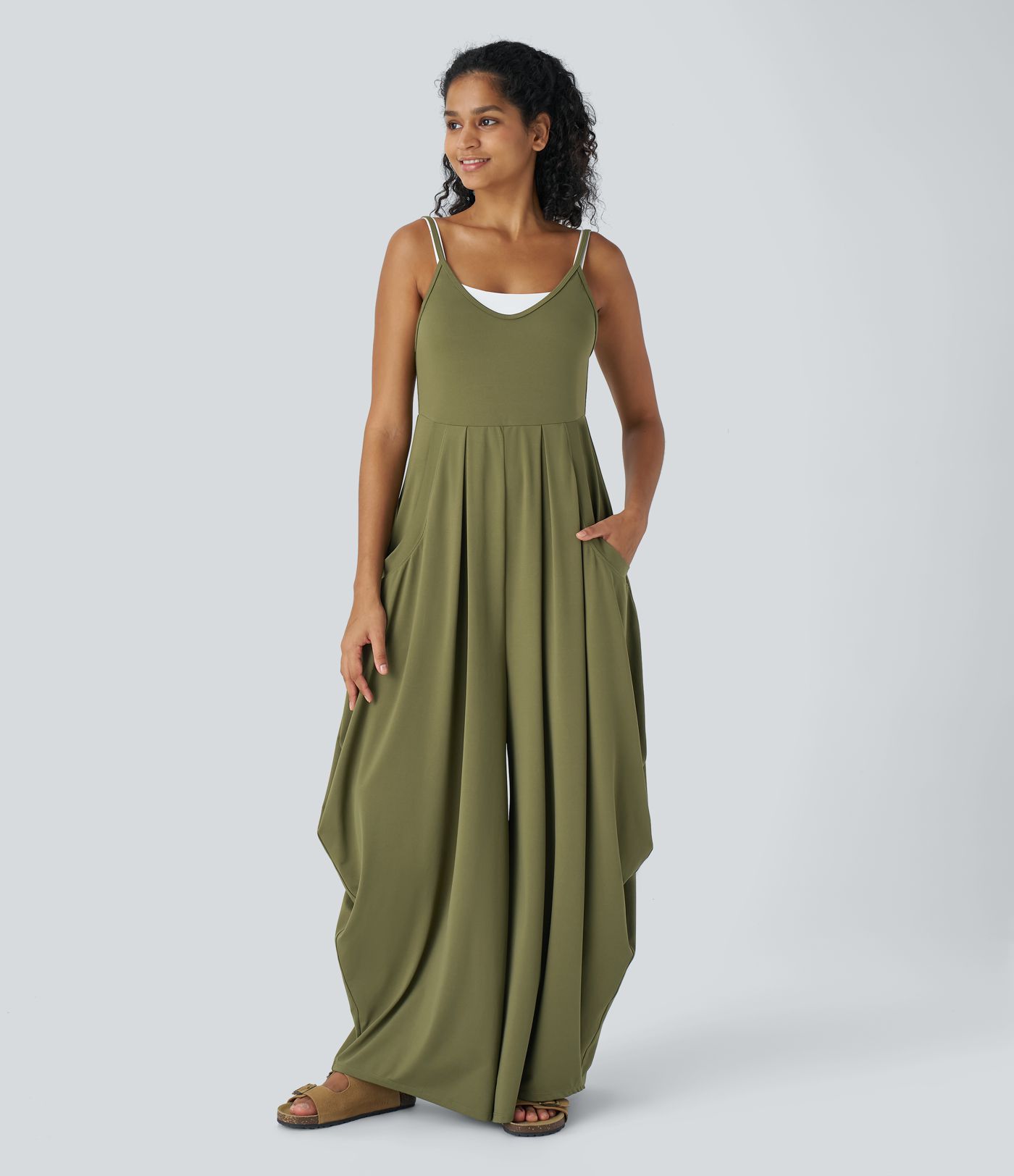 Backless Adjustable Strap Multiple Pockets Draped Wide Leg Casual Jumpsuit