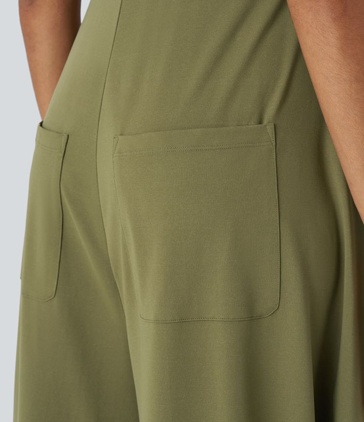 Backless Adjustable Strap Multiple Pockets Draped Wide Leg Casual Jumpsuit
