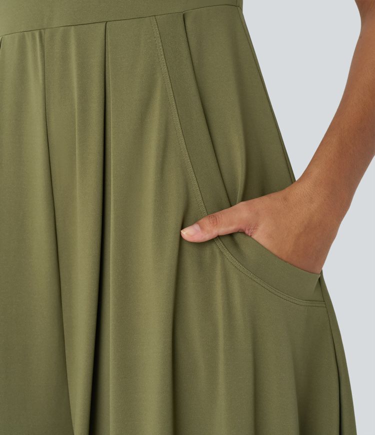 Backless Adjustable Strap Multiple Pockets Draped Wide Leg Casual Jumpsuit