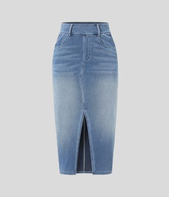 Halara Flex™ High Waisted Pockets Bodycon Washed Denim Casual Midi Skirt