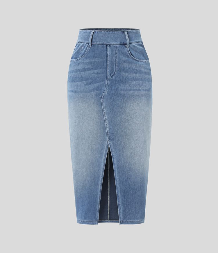 Halara Flex™ High Waisted Pockets Bodycon Washed Denim Casual Midi Skirt