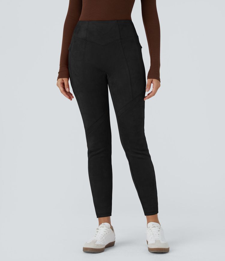 High Waisted Side Pocket Ankle Length Suede Casual Leggings