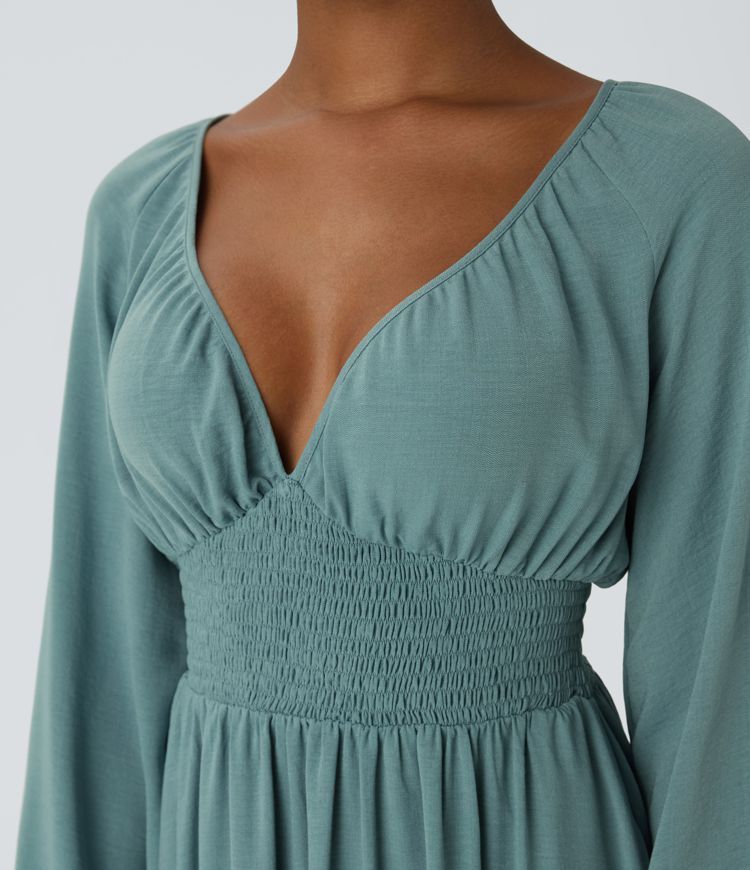 Vestido De Cuello V Manga Larga Para Mujer - Con Bolsillos, Cintura Alta Elástica, Estilo Casual Para Otoño/invierno