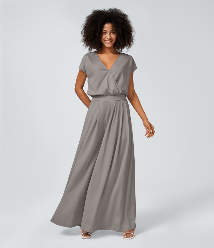 Combinaison Casual Col en V Jambes Large Plissée Manches Courtes Poche Latérale Gaufrée Fluide