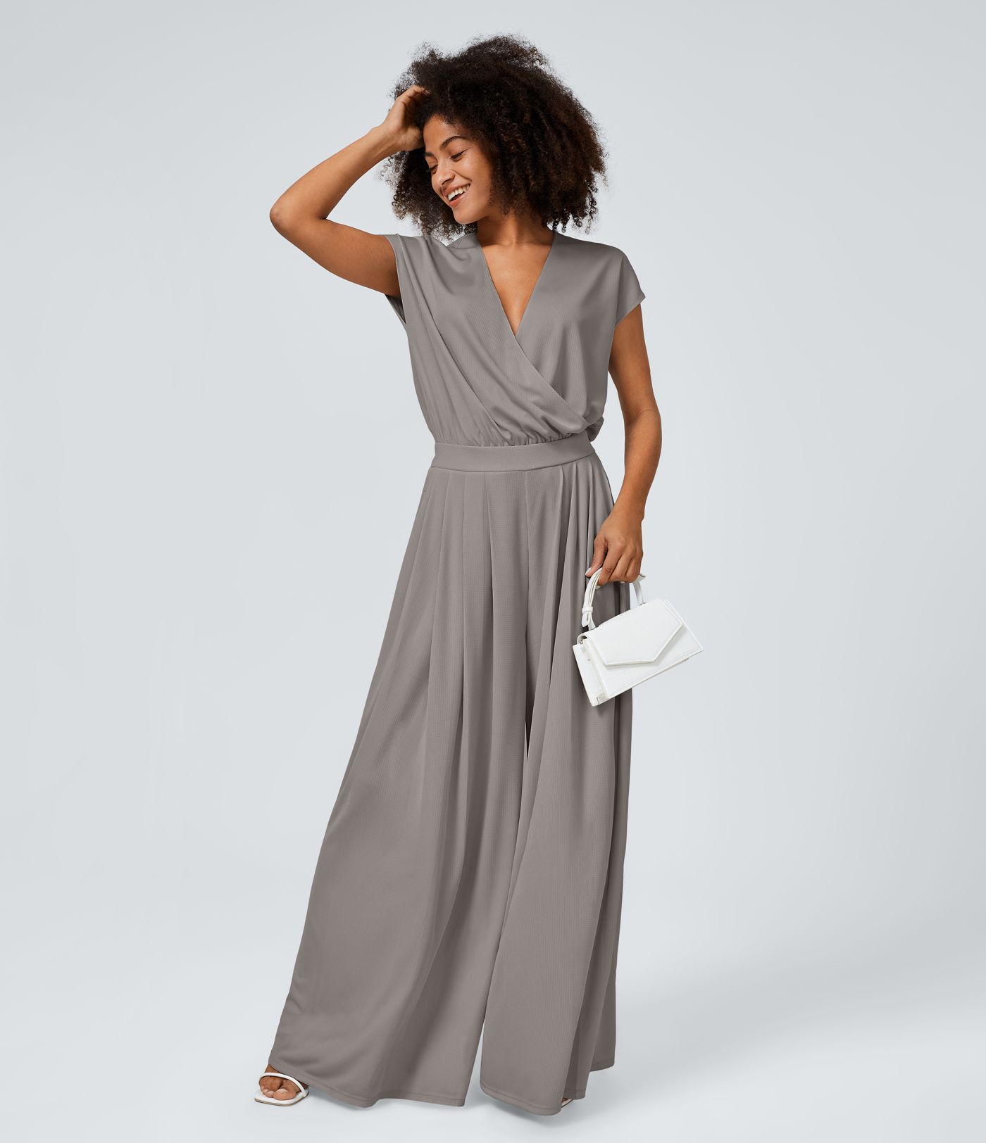 Combinaison Casual Col en V Jambes Large Plissée Manches Courtes Poche Latérale Gaufrée Fluide