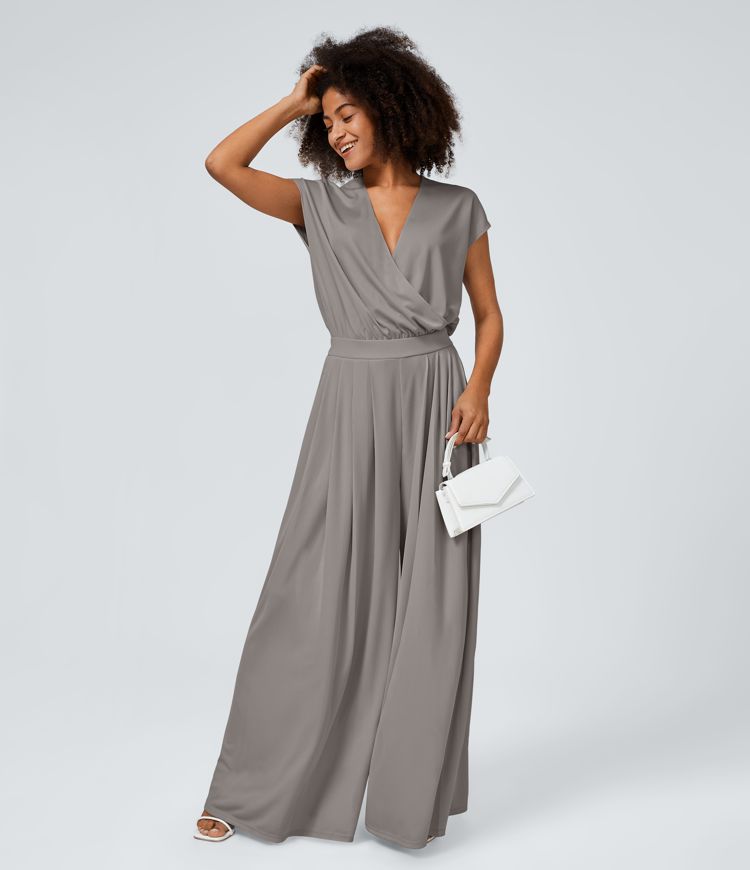 Combinaison Casual Col en V Jambes Large Plissée Manches Courtes Poche Latérale Gaufrée Fluide