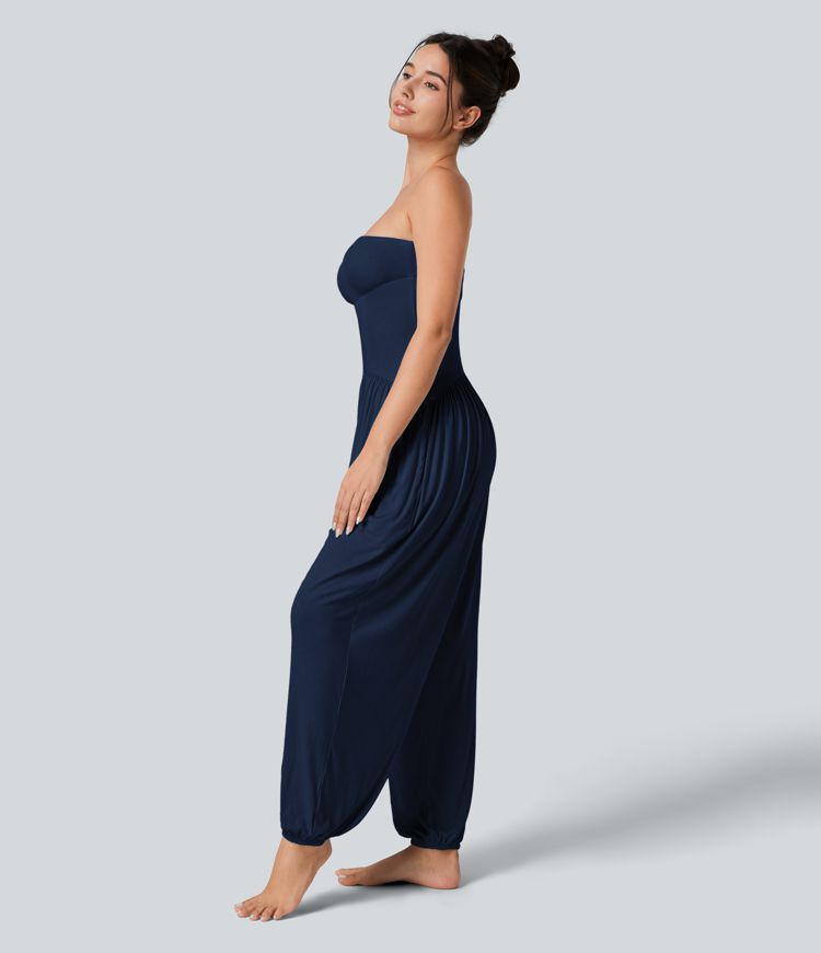 Ribbed Tube Backless Plicated Side Pocket Casual Jumpsuit