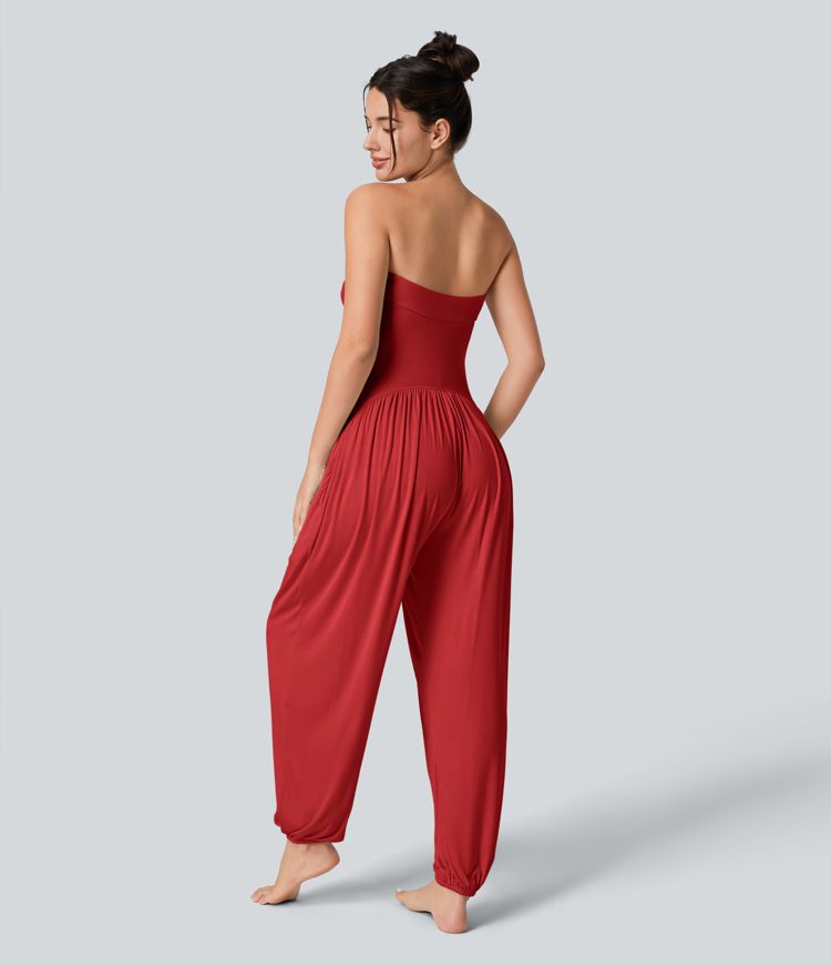 Ribbed Tube Backless Side Pocket Casual Jumpsuit