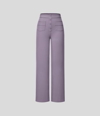 High-waisted button-down multiple-pocket straight-cut casual work pants