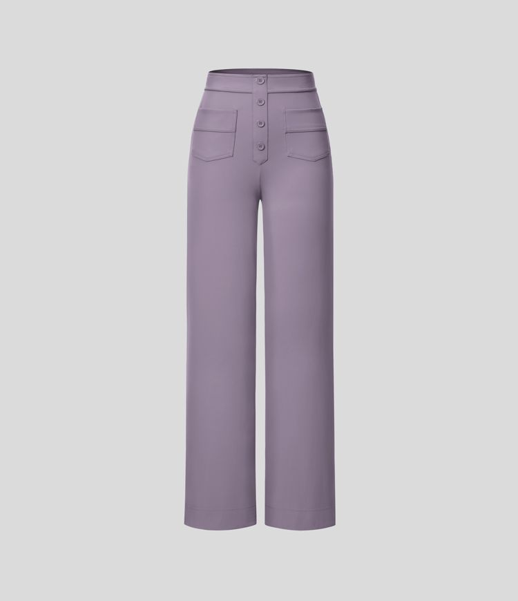 High-waisted button-down multiple-pocket straight-cut casual work pants