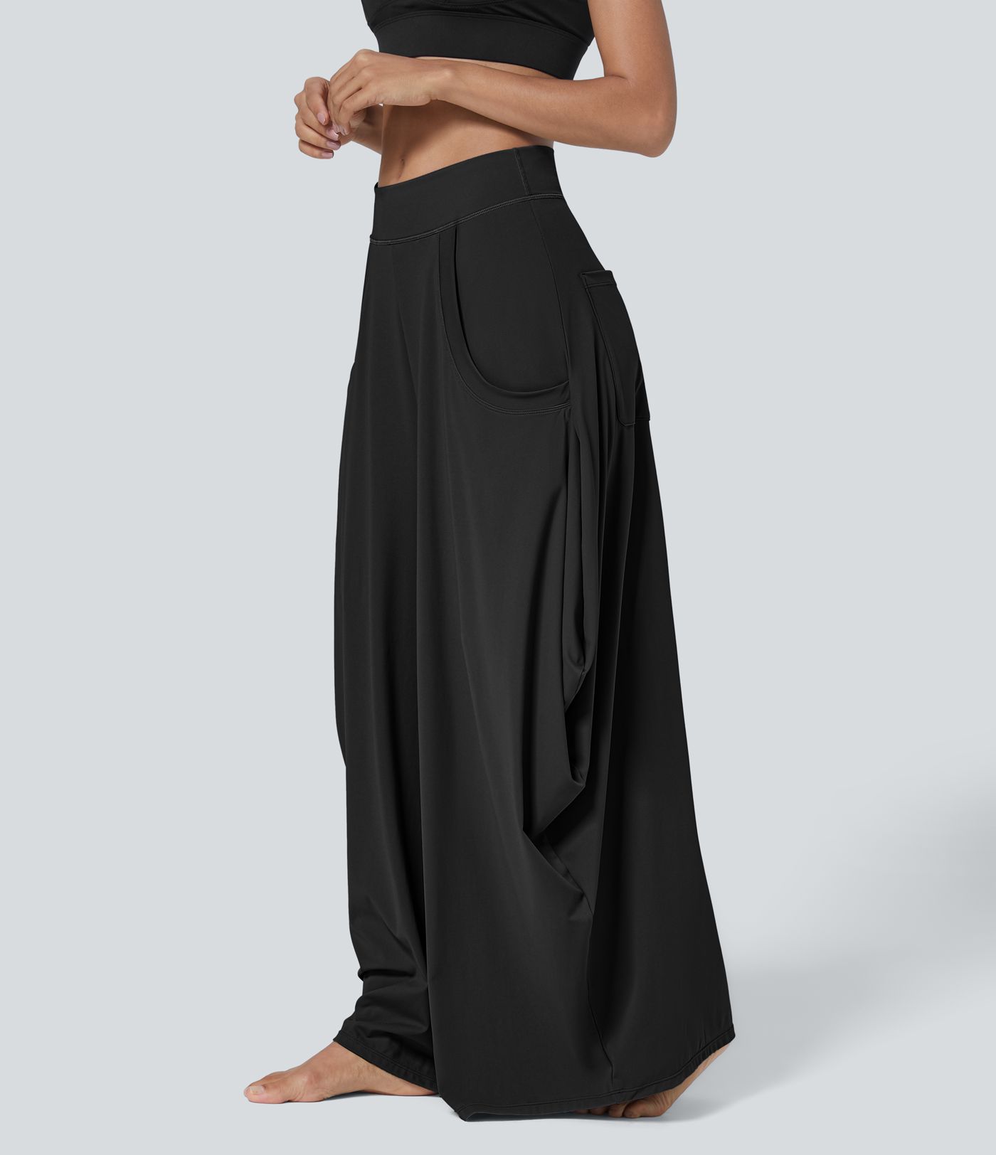 Mid Rise Pockets Draped Wide Leg Casual Pants