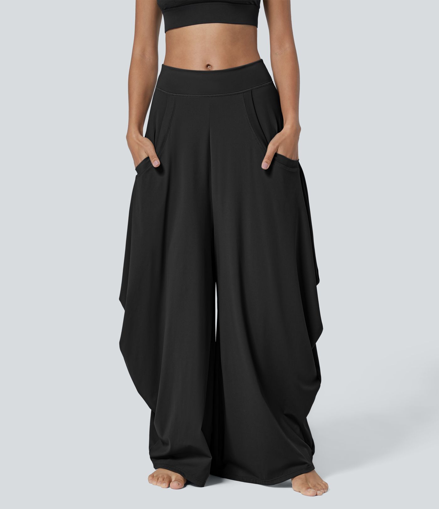 Mid Rise Pockets Draped Wide Leg Casual Pants