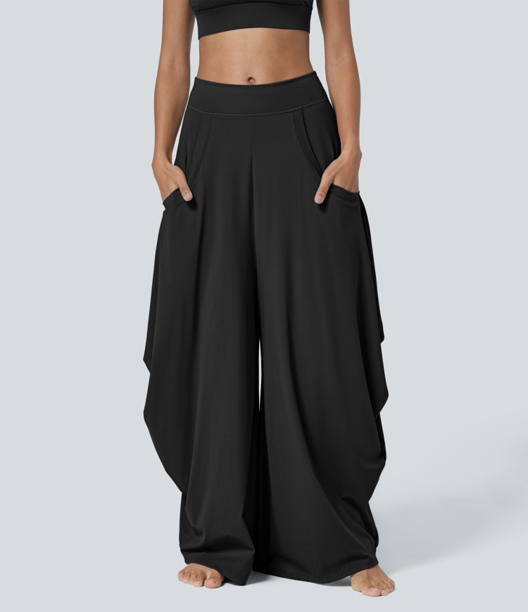 Mid Rise Multiple Pockets Draped Wide Leg Casual Trousers
