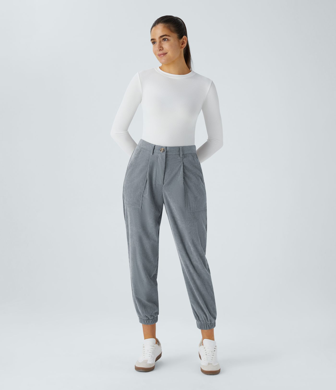 Mid Rise Button Zipper Multiple Pockets Corduroy Casual Joggers