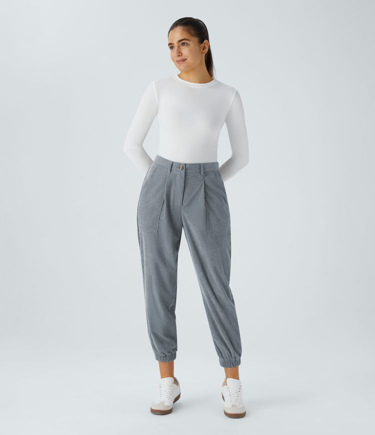 Mid Rise Button Zipper Multiple Pockets Corduroy Casual Joggers