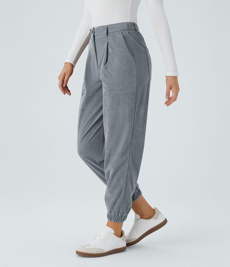 Mid Rise Button Zipper Multiple Pockets Corduroy Casual Joggers
