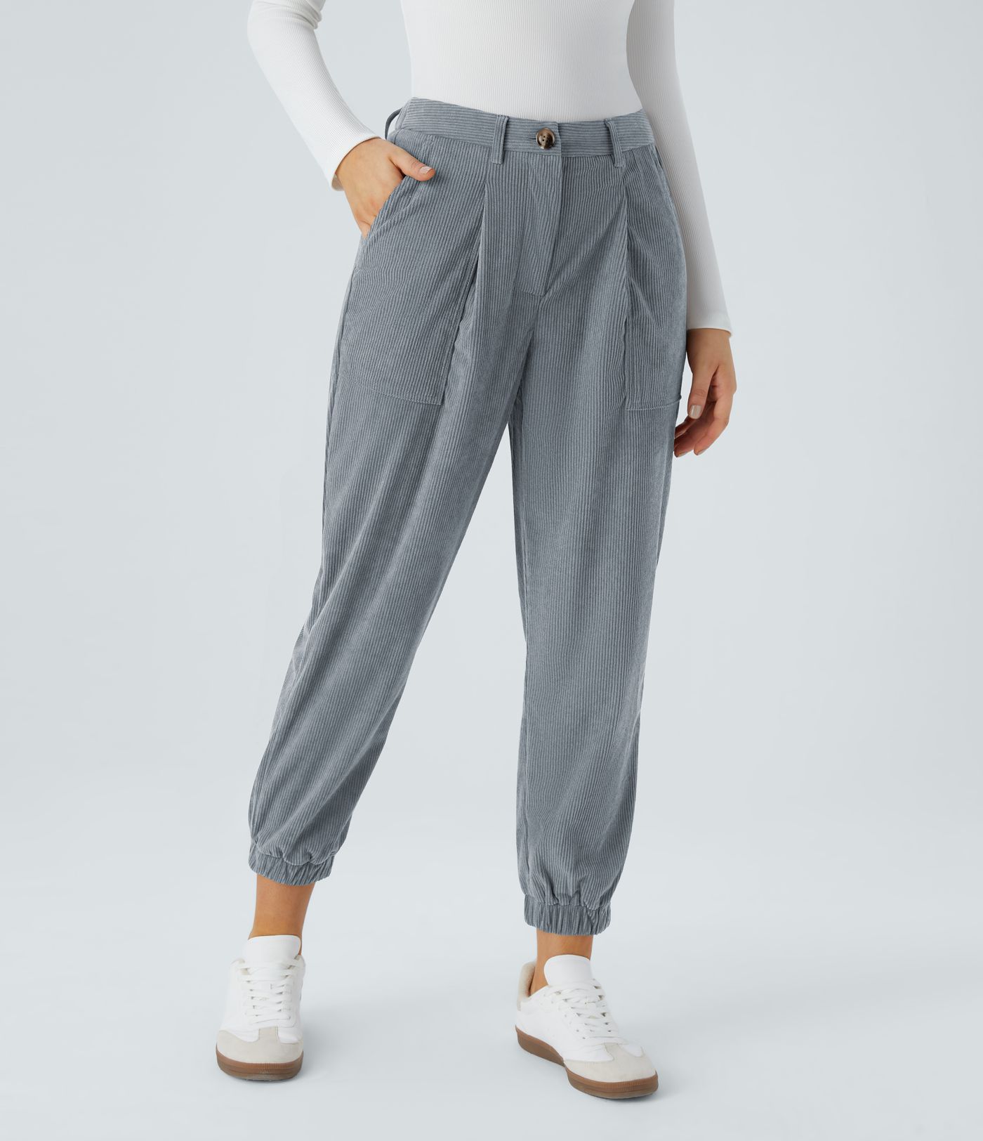 Mid Rise Button Zipper Multiple Pockets Corduroy Casual Joggers