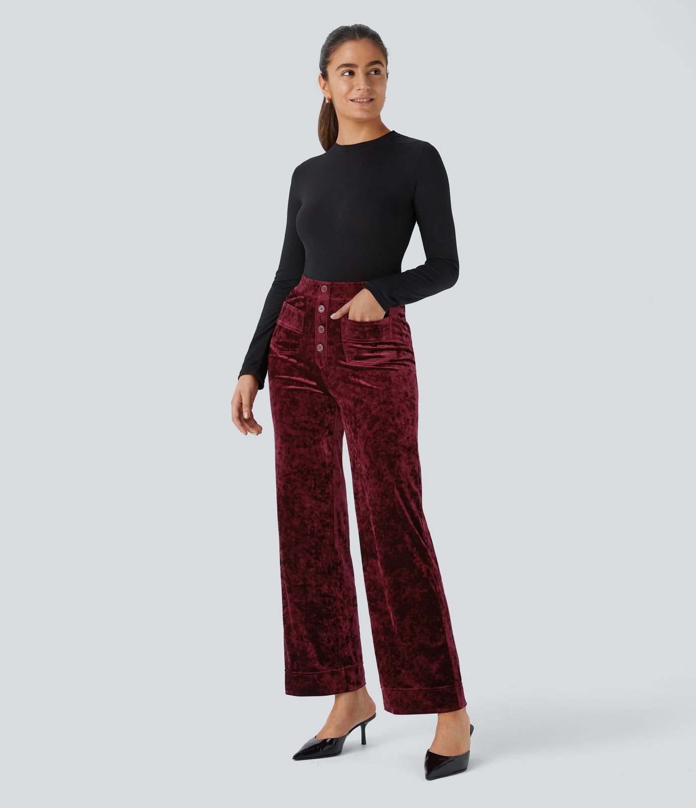 High Waisted Pockets Straight Leg Velvet Casual Pants