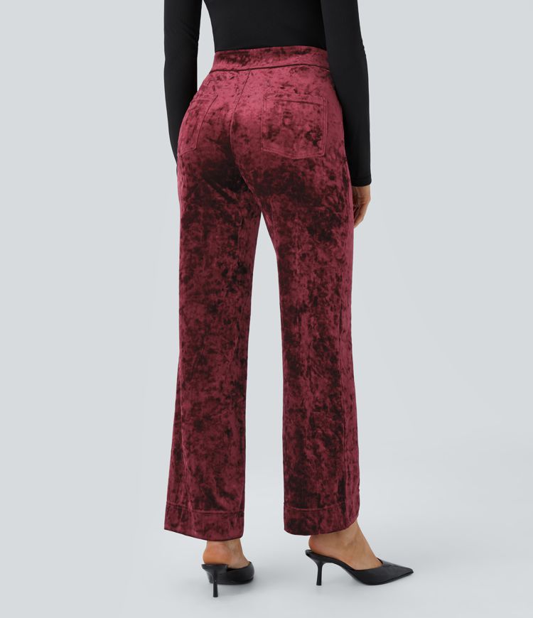 High Waisted Button Multiple Pockets Straight Leg Velvet Casual Pants