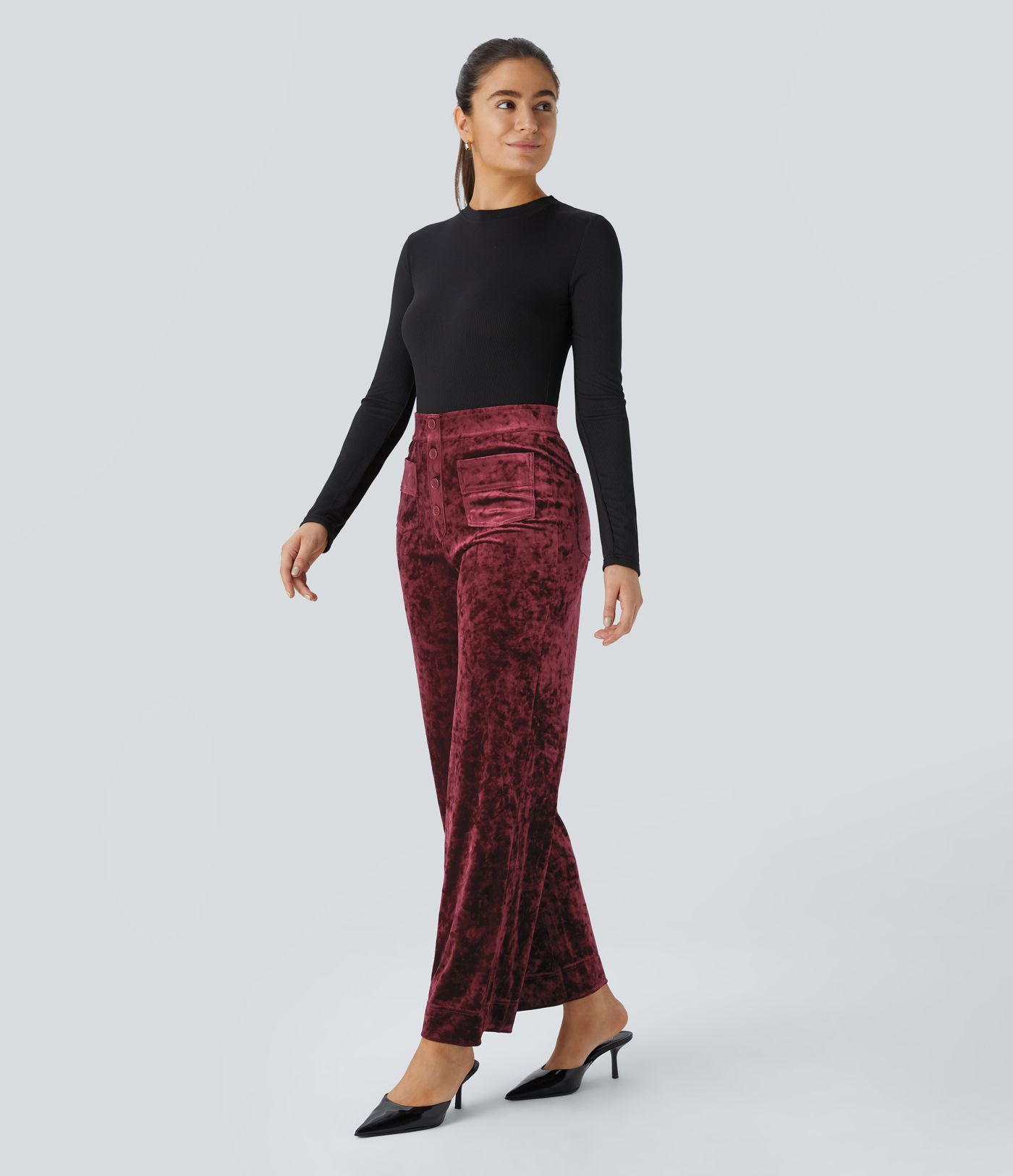 High Waisted Pockets Straight Leg Velvet Casual Pants