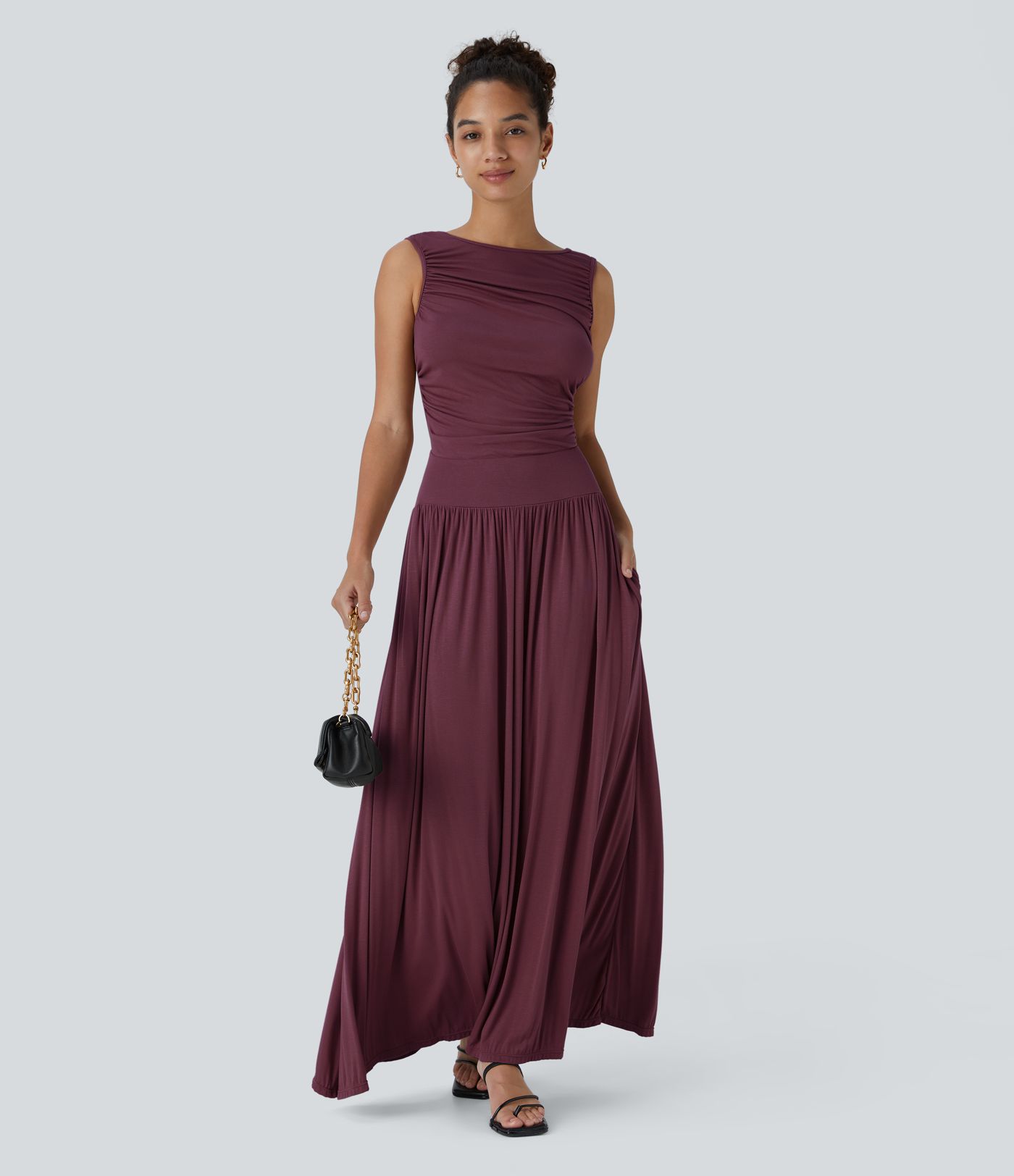 Ribbed Boat Neck Asymmetric Strap Ruched Side Pocket Flowy Maxi Casual Dress