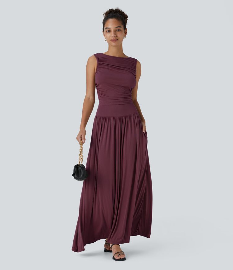 Ribbed Boat Neck Asymmetric Strap Ruched Side Pocket Flowy Maxi Casual Dress