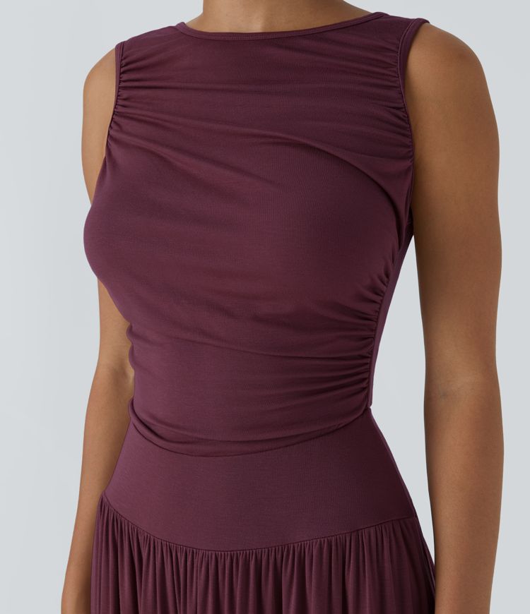 Ribbed Boat Neck Asymmetric Strap Ruched Side Pocket Flowy Maxi Casual Dress