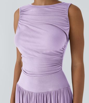 Robe Longue décontractée Asymétrique à Col Bateau Côtelé avec Fronces et Poche