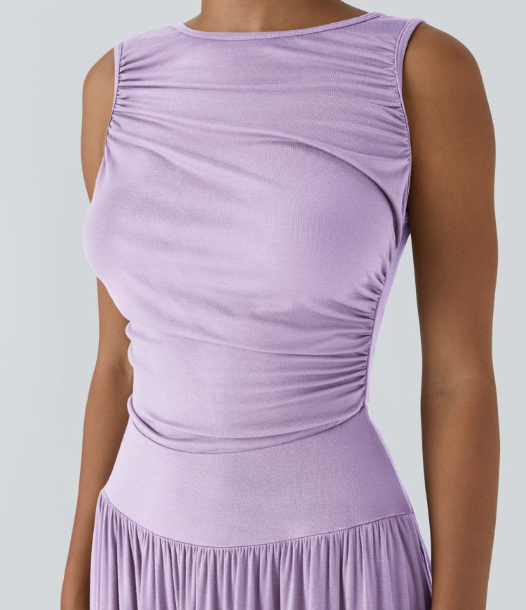 Robe Longue décontractée Asymétrique à Col Bateau Côtelé avec Fronces et Poche